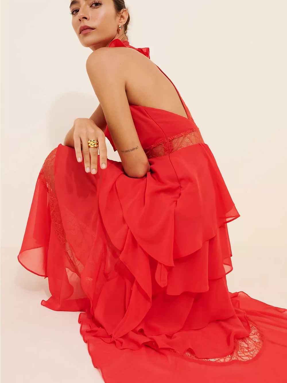 Anthropologie Tiered High-Low Halter Lace Dress Red Large Wedding Guest Vacation